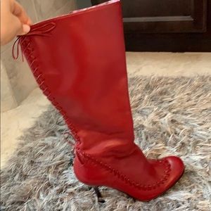 Red, leather, knee-high boots